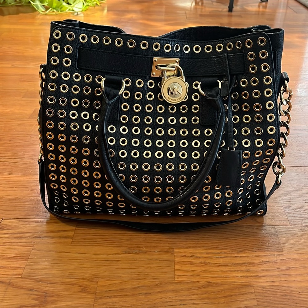 Black Leather Michael Kors Hamilton North South Tote with Gold Grommet Detailing